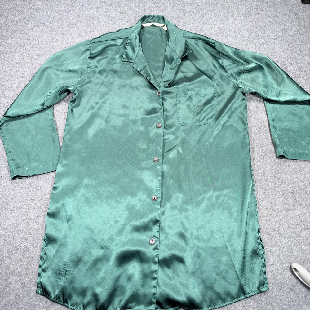 Victorias Secret Emerald Green Satin Button Down Nightshirt Monogram Medium